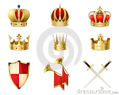 Set Of Realistic Golden Royal Crowns Vector Illustration