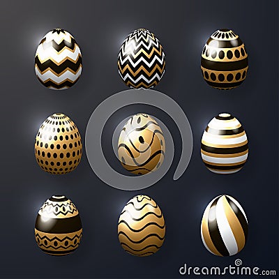 Set of realistic golden shine eggs, Happy Easter. Vector Illustration