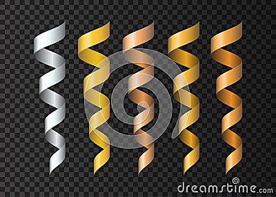 Set of realistic golden , silvery, copper ribbons serpentine Vector Illustration