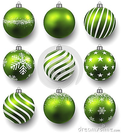 Set of realistic green christmas balls. Vector Illustration