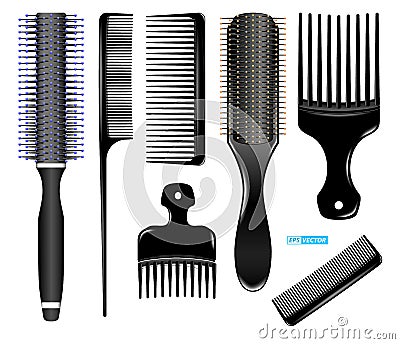 set of realistic hairbrush isolated or hot curling radial brush comb or barbershop equipment tools concept. eps Stock Photo