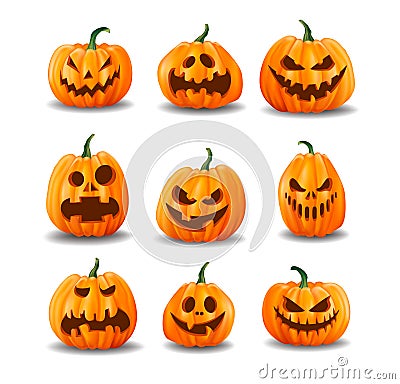 Set of realistic Halloween pumpkins isolated on white background Vector Illustration