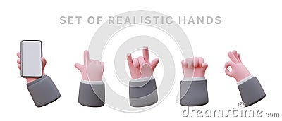 Set of realistic hand gestures. 3d illustration of gesture ok, cool, together power, rock, goat horn Vector Illustration