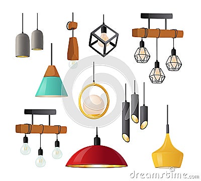 Set of Realistic Hanging Lamps with Bizarre Lampshades Isolated on White Background. Modern Chandeliers with Bulbs Vector Illustration