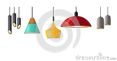 Set of Realistic Hanging Lamps with Stylish Bizarre Lampshades. Modern Chandeliers with Light Bulb, Lamps with Shades Vector Illustration