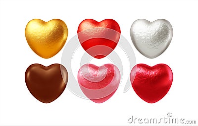 Set of realistic heart shaped chocolates wrapped in foil candy wrapper. Festive design element for Happy Valentines Day Vector Illustration