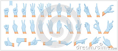 Set of realistic human hands, signs and gestures, in protective blue gloves isolated vector Illustrations on a white background Vector Illustration