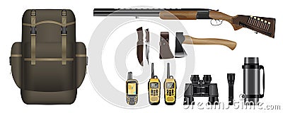 A set of realistic hunting equipment kit Vector Illustration