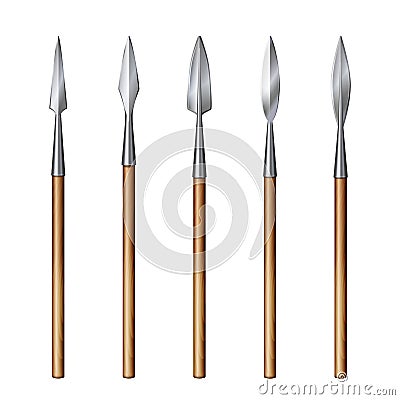 Set of realistic images of spears with different spearhead Vector Illustration