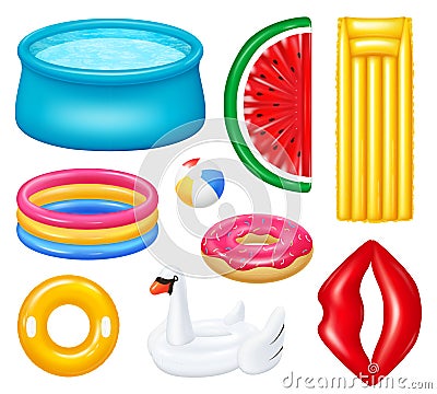 Realistic Inflatable Pools Accessories Set Vector Illustration