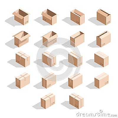 Set of 18 realistic isometric cardboard boxes with texture Vector Illustration