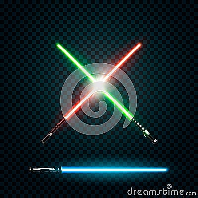 Set of realistic light swords. Crossed sabers. Vector illustration on dark background Vector Illustration