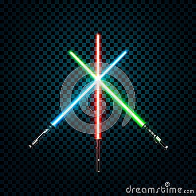 Set of realistic light swords. Crossed sabers. Vector illustration on transparent background Vector Illustration