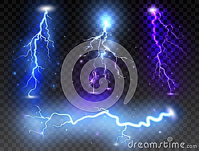 Set of realistic lightnings on transparent background. Thunder-storm and thunderbolt for design. Vector illustration Vector Illustration