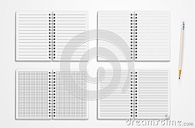 Set Of Realistic Line Notebooks. Blank Padded Diary Sketchbook With Dots And Lines For Writing And Painting Empty Templates. Stock Photo
