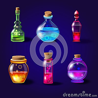 Set of realistic magical bottles with poison. Vector potion bottles set with transparent glass for game interface in fantasy style Vector Illustration