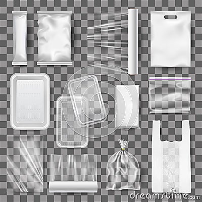 Set of realistic mock up of plastic food containers, packaging. Vector Illustration