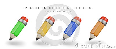 Set of realistic pencils of different colors. Vector objects in inclined position Vector Illustration