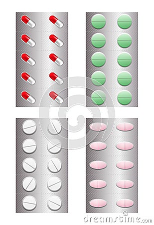 Set of realistic pills in blister pack Vector Illustration