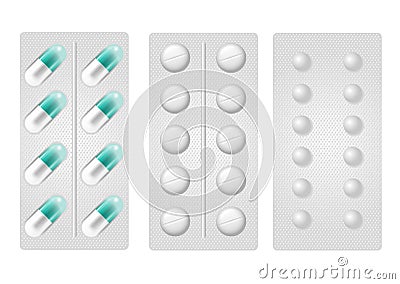 Set of realistic pills in blister pack. Vector Illustration