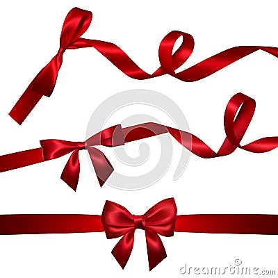 Set of Realistic red bow with long curled red ribbon. Element for decoration gifts, greetings, holidays, Valentines Day design. Vector Illustration