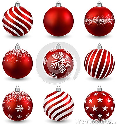 Set of realistic red christmas balls. Vector Illustration