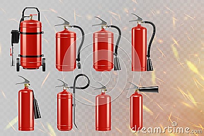 Set of realistic red extinguishers isolated on the background of fiery sparks: different types of handle extinguishers, water, Vector Illustration