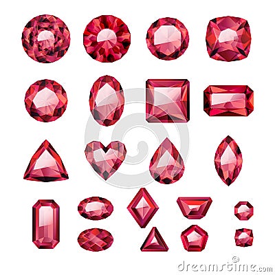 Set of realistic red jewels. Rubies isolated. Vector Illustration