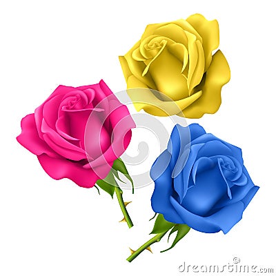 Set of realistic roses on a white background, isolated roses on a white background of pink, blue and yellow colors Vector Illustration
