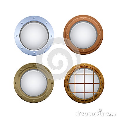 Set of round oval windows, portholes. Illuminators on submarine, ship. Vector Illustration