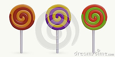 Set of realistic round spiral lollipops of different colors. Sweet caramel on stick Vector Illustration