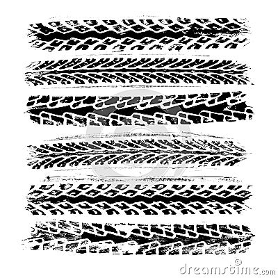 Set of 6 realistic rubber tire track imprints Vector Illustration