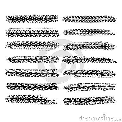 Set of 14 realistic rubber tire track imprints Vector Illustration
