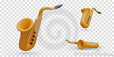 Set of realistic saxophones in different positions. Golden brass musical instrument for jazz, blues Vector Illustration