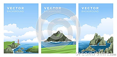 Set of realistic seascapes with cloudy sky. Irish coast view, lighthouse, rocks, cliffs. Vertical banner, book cover Vector Illustration
