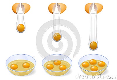 set of realistic shinny chicken eggs isolated or break egg shell and pour into a bowl concept. 3D Render.. Stock Photo