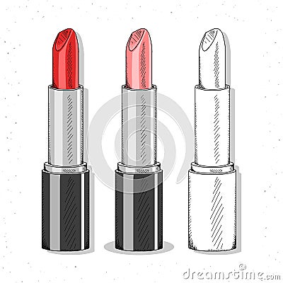 Set realistic sketch lipsticks. Womens cosmetics for design. Female accessories Vector Illustration