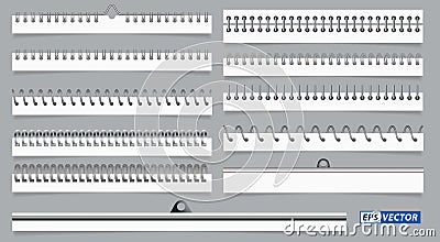 Set of realistic spiral paper sheets or calendar spiral wire or notepad binder steel rings or metal binder notebook. Stock Photo