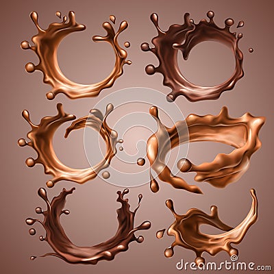 Set of realistic splashes and drops of melted milk and dark chocolate. Dynamic circle splashes of whirl liquid chocolate Vector Illustration