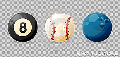 Set of realistic sports equipment balls for billiards, bowling, baseball. Vector Illustration