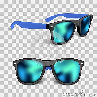 Set of realistic sunglass with blue lens isolated on backgroud. vector illustration Vector Illustration