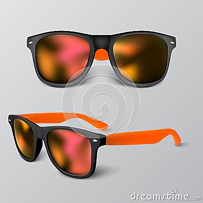 Set of realistic sunglass with red lens isolated on gray backgroud. vector illustration Vector Illustration