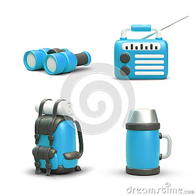 Set of realistic tourist objects in blue color. Binoculars, radio receiver, packed backpack, thermos Vector Illustration