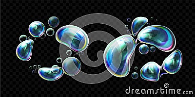 Set of realistic transparent colorful soap bubbles in the deformation. Water spheres with air, soapy balloons, lather Vector Illustration