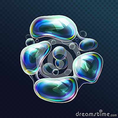 Set of realistic transparent colorful soap bubbles in the deformation. Water spheres with air, soapy balloons, lather Vector Illustration