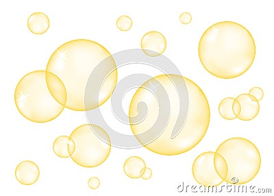 Set of realistic transparent glossy gold bubbles. Vector Illustration
