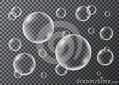 Set of realistic transparent soap, oxygen or water bubbles. Vector Illustration