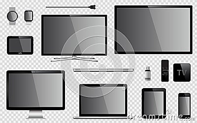 Set of realistic TV, computer monitor, laptop, tablet, mobile phone, smart watch, usb flash drive, GPS navigation system device, T Vector Illustration