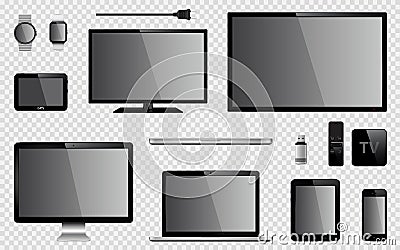 Set of realistic TV, computer monitor, laptops, tablet, mobile phone, smart watch, usb flash drive, GPS navigation system device, Vector Illustration