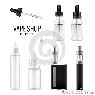 Set of realistic vape bottles and e-cigarette. Vector Illustration